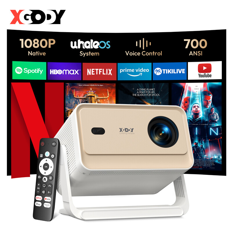 XGODY Gimbal N6 Pro draagbare projector, 4K ondersteund, native 1080P & 700 ANSI, WhaleOS 3.0, officiële Netflix-apps, WiFi6 & BT5.4, autofocus auto keystone 16 GB ROM, slimme projector voor thuisbioscoop slaapkamer compatibel met HDMI/USB/telefoon/PS (wi