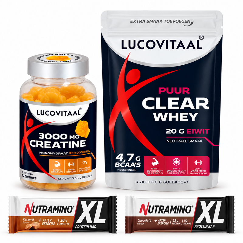 Lucovitaal Pack complet de performance sportive – Gommes de créatine, Clear whey & 2 barres protéinées Nutramino XL