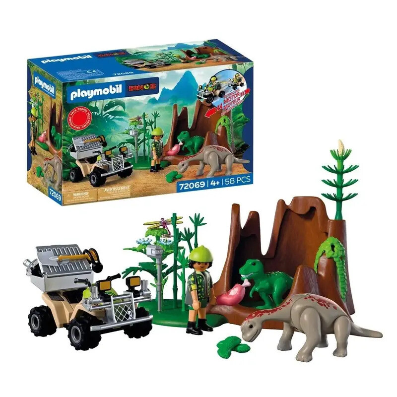 Playmobil Dinos Dinosaurier-Höhle, Dinosaurier-Forscher mit Quad-Buggy, Baby-T-Rex und Baby-Brachiosaurus, Kinderspielzeug ab 4 Jahren