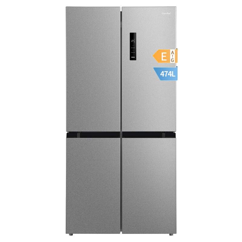Comfee by Midea' RCF470LS2EU(E) 4-Tür-Kühlschrank 474 l | Vario Box | Gemüseschublade mit 3 Temperaturstufen | Flip Tray | Unopened Door Control und Überwachung – Silber [Energieeffizienzklasse E]