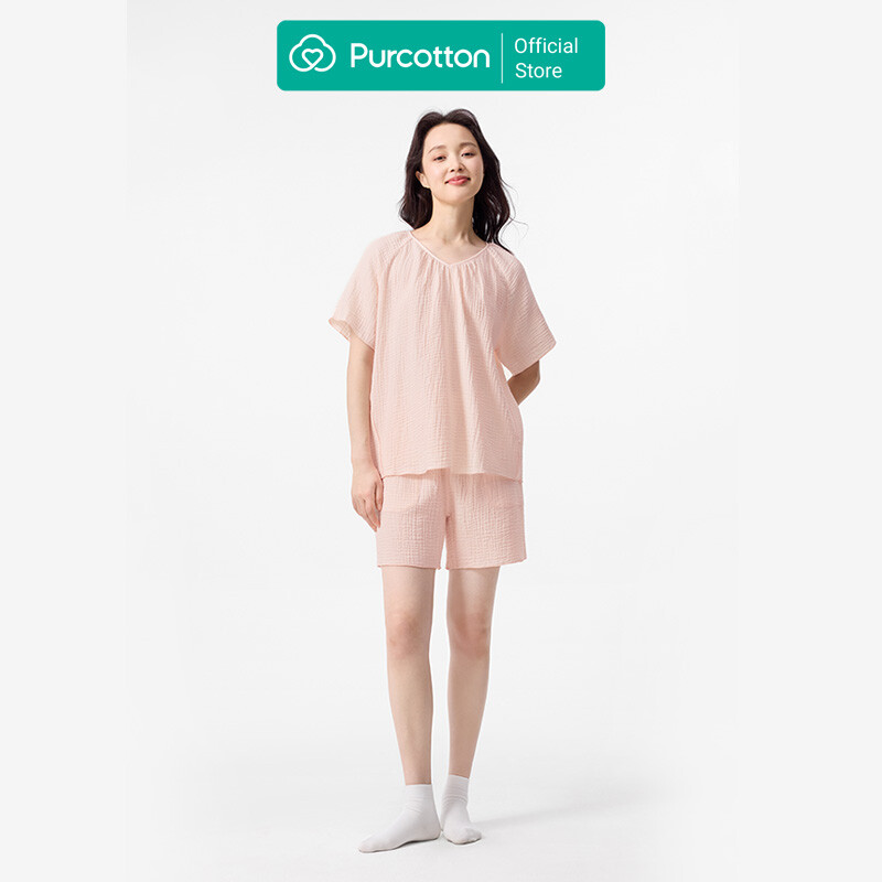 Purcotton Women's Airysoft Gauze Loungewear Set- Short Pants Style - Skin-Friendly, Restful & Casual Style - Soft Pink Tangerine - Top: 165/88A; Bottom: 165/72A