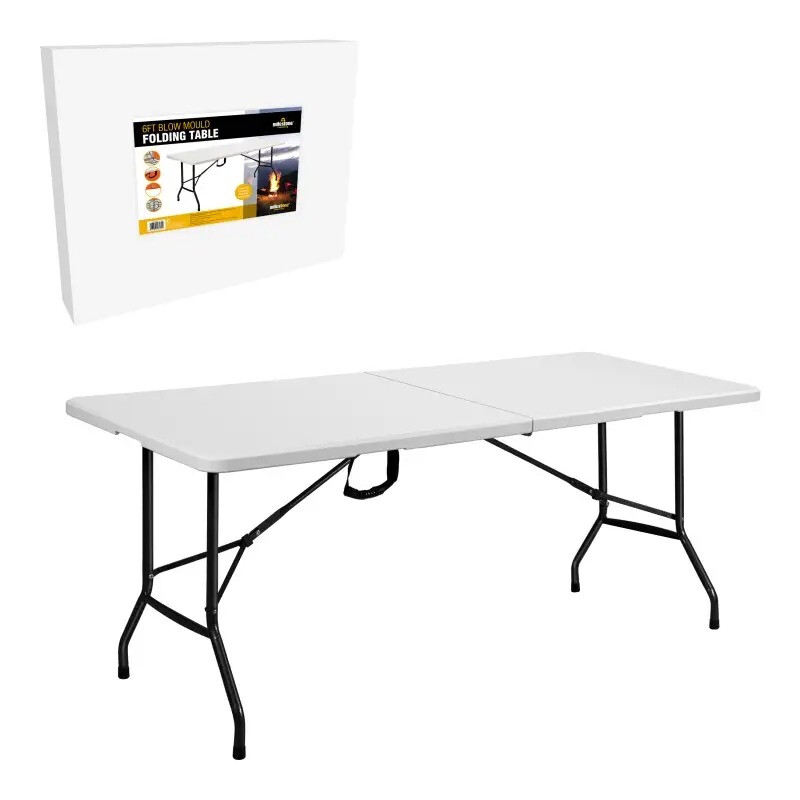 6Ft Blow Mould Folding Table with White Top, 180x70x72cm – Sturdy Metal Frame, Waterp