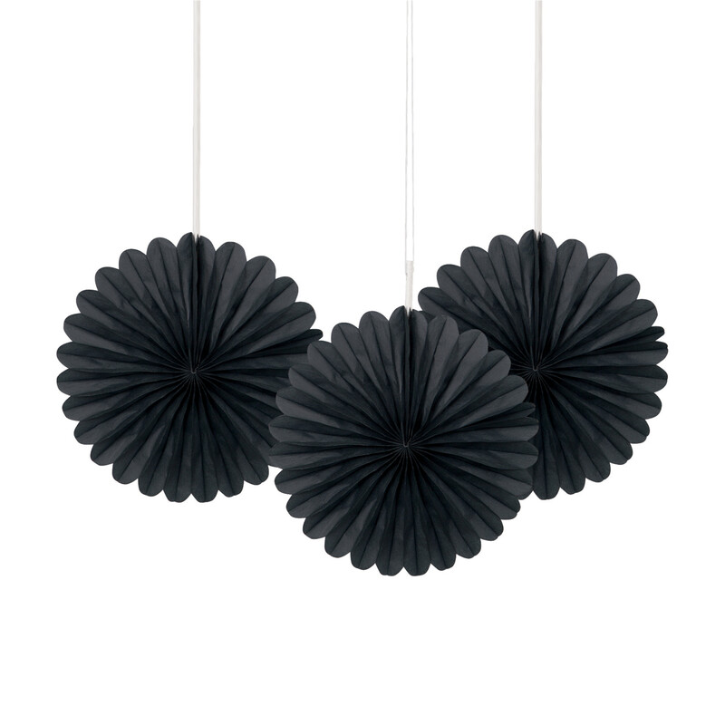 6in Black Tissue Paper Fans, Pack of 3