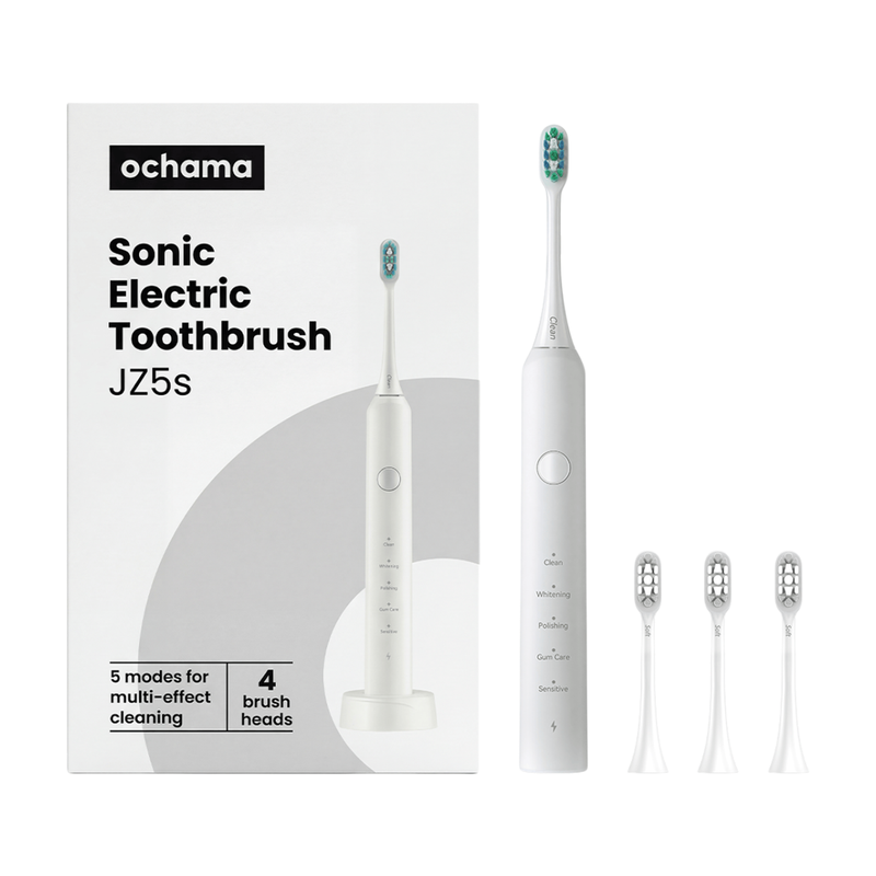 J.ZAO Ochama elektrische Zahnbürste: enthält 4 Bürstenköpfe und Ladestation, geräuscharm, lange Akkulaufzeit, Weiß