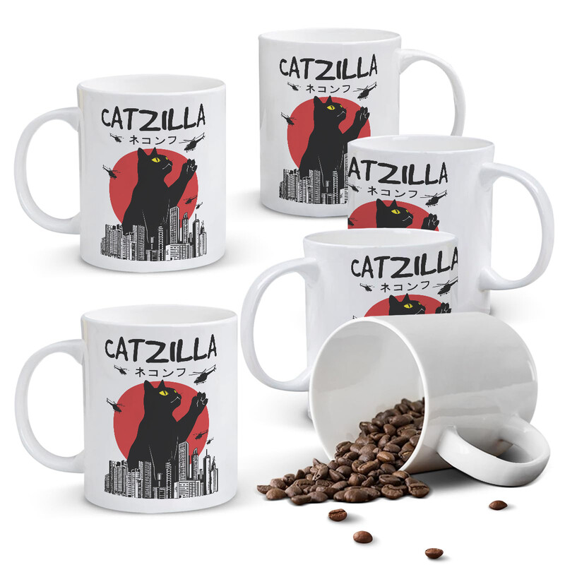 1pc 11oz White Mug with "CATZILLA" Monster Cat Design and Japanese Text, Unique Pop C
