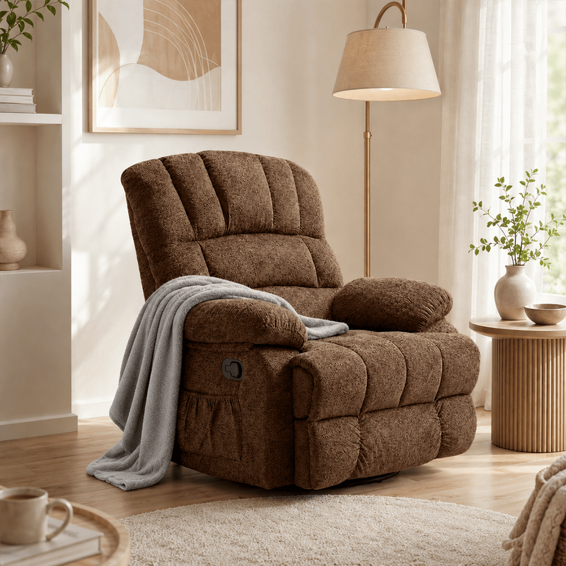HONEYOU 360° Draaibare Schommelstoel (Bruin, Oversized) + Ochama Fluffy Flanellen Deken (Grijs) – Perfect voor Lounge & Slaapkamer