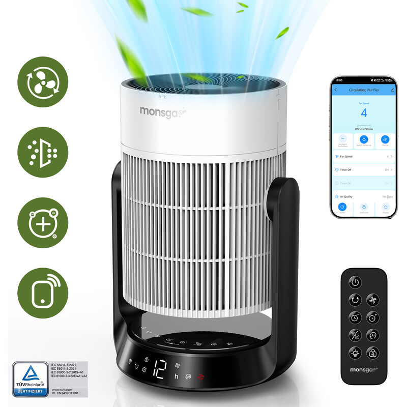 MONSGA AP200 2-in-1 luchtreiniger en luchtcirculator, H13 HEPA-filter, CADR 280 m³/u, 25 dB slaapmodus, bediening via app en afstandsbediening, voor slaap- en woonkamer
