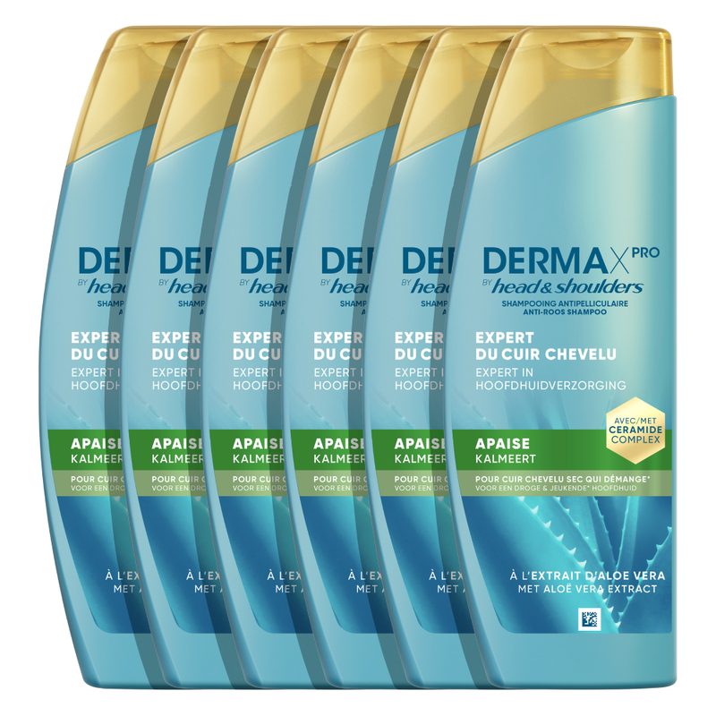 DermaXPro by Head & Shoulders Kalmeert Anti-roos shampoo 6x250ml Met Aloë vera-extract en Ceramidecomplex. Kalmeert een droge, jeukende hoofdhuid en helpt de huidbarrière te versterken