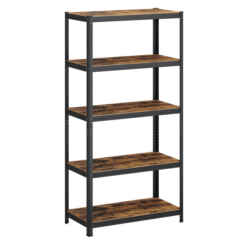 JOYFURNOS 5-laags stellingkast, stalen stellingkast voor opslag, gereedschapsvrije montage, voor garage, schuur, draagvermogen 600 kg, 50 x 100 x 200 cm, rustiek bruin en zwart