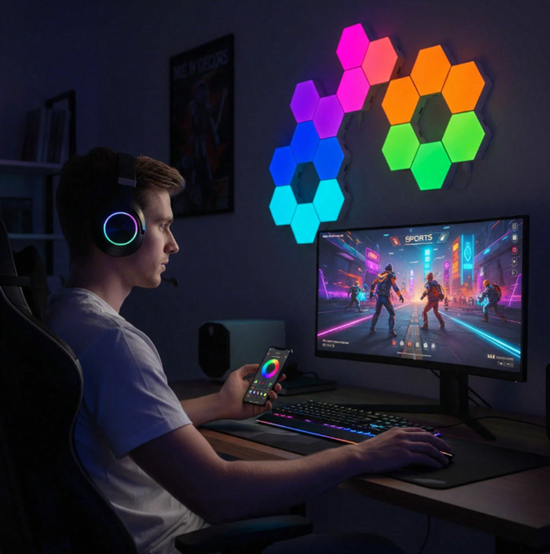 Arlgsite zeshoekige ledpanelen, 8 stuks, zeshoekige led-wandlamp voor gamingdecoratie, muzieksynchronisatie, app-bediening, afstandsbedieningen, zeshoekige honingraat-wandlampen, gamingaccessoires, zeshoekige lamp, slimme wanddecoratie voor thuis