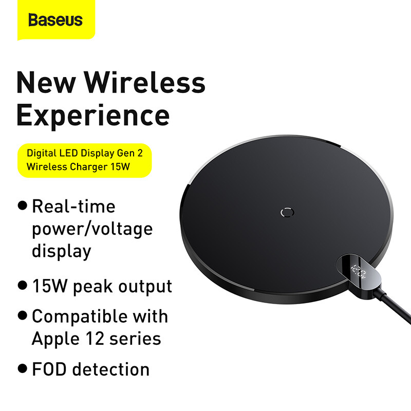 Baseus LED Digital Display 15W Wireless Charger Fast Wireless Charging Pad For iPhone 17/16/15 Pro AirPods Samsung Xiaomi Huawei