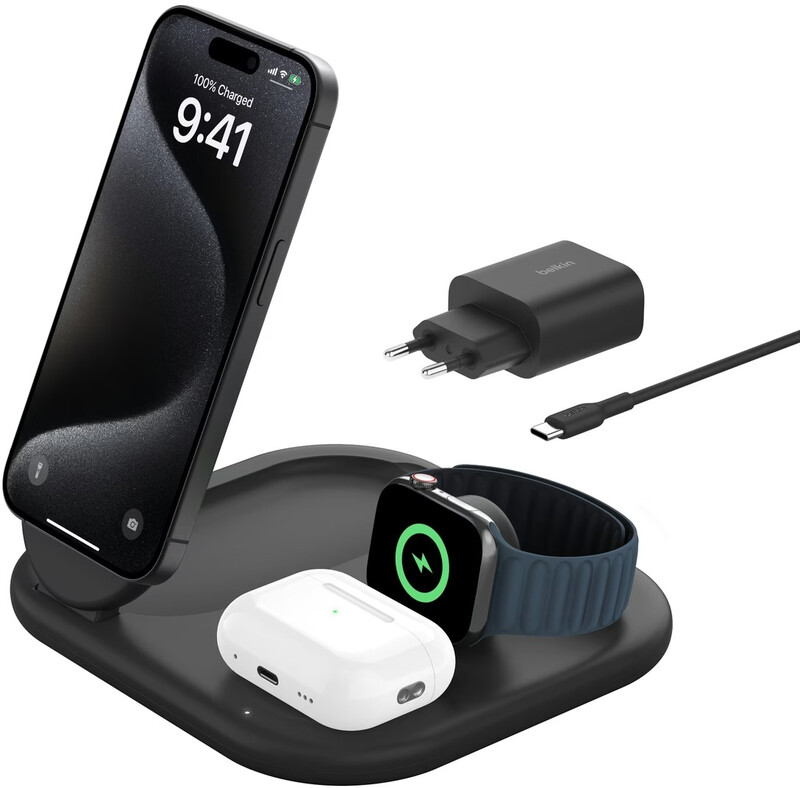Belkin QI2 3-in-1 magnetische draadloze oplaadstandaard, zwart