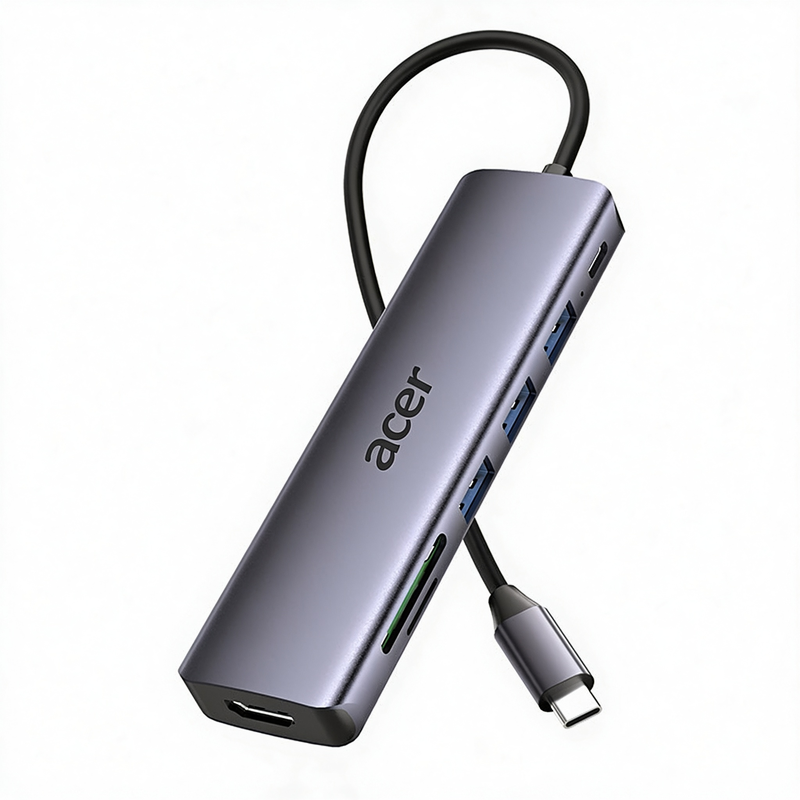 Acer ODK6V0 7-in-1 USB-C Hub Dockingstation, Multiport-Adapter mit 4K@30 Hz HDMI, 100 W PD-Aufladung, 3x USB 3.0 5 Gbps, SD/TF-Kartenleser, tragbarer Dongle aus Aluminium für Laptop MacBook Windows/Linux/macOS/Android
