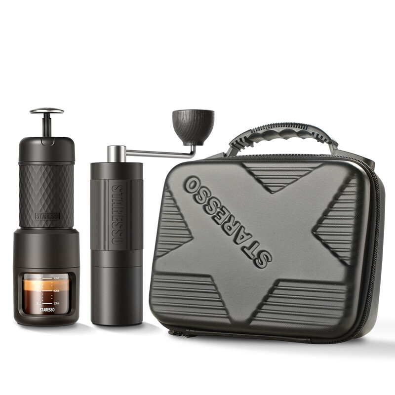 STARESSO draagbare espressomachine & koffiemolen set met draagtas, handmatige reiskoffiemaker + conische burr koffiemolen, waterdicht en gemakkelijk mee te nemen, ideaal voor reizen, kamperen, wandelen en onderweg
