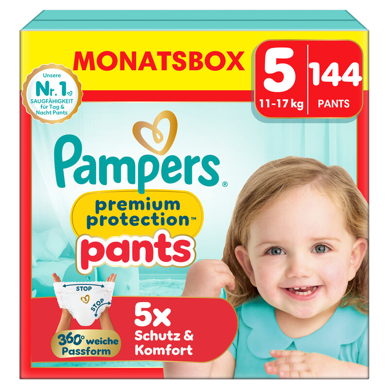 Pampers Premium Protection Pants Größe 5, 144 Windeln, 11Kg-17Kg, Mit 360° Passform Und Weichen Anti-Auslaufbündchen Für Unseren Besten Komfort Und Schutz