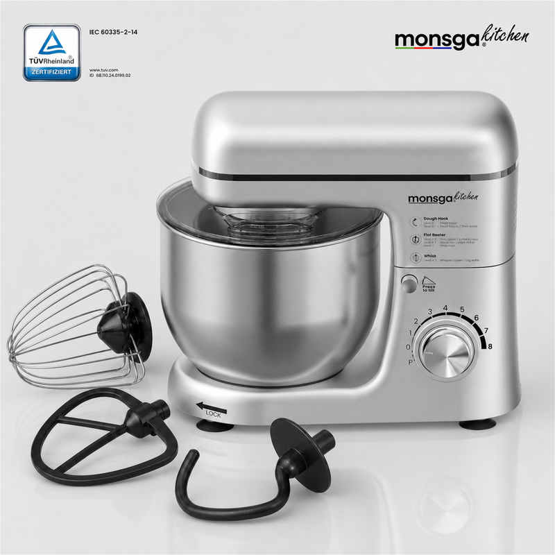 MONSGA SM100 Küchenmaschine, 1000 W Spitzenleistung, 6,0 L Edelstahlschüssel, 8 Geschwindigkeitsstufen, Leise, Mit Premium Teflon-Knetgare (Super Antihaft & 260 °C Hitzebeständig), Schneebesen & Spritzschutz