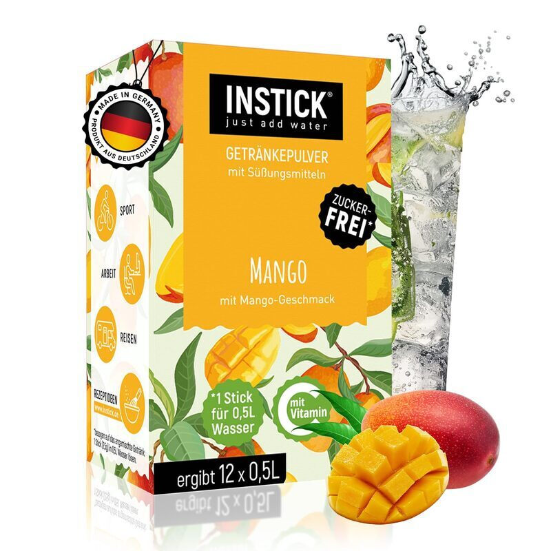 INSTICK Zuckerfreies Instant-Getränk (Mango) - 1 Packung für 12 x 0,5-1 L - Veganes Getränkepulver Kalorienarm & Vitamin C - Instant-Pulver