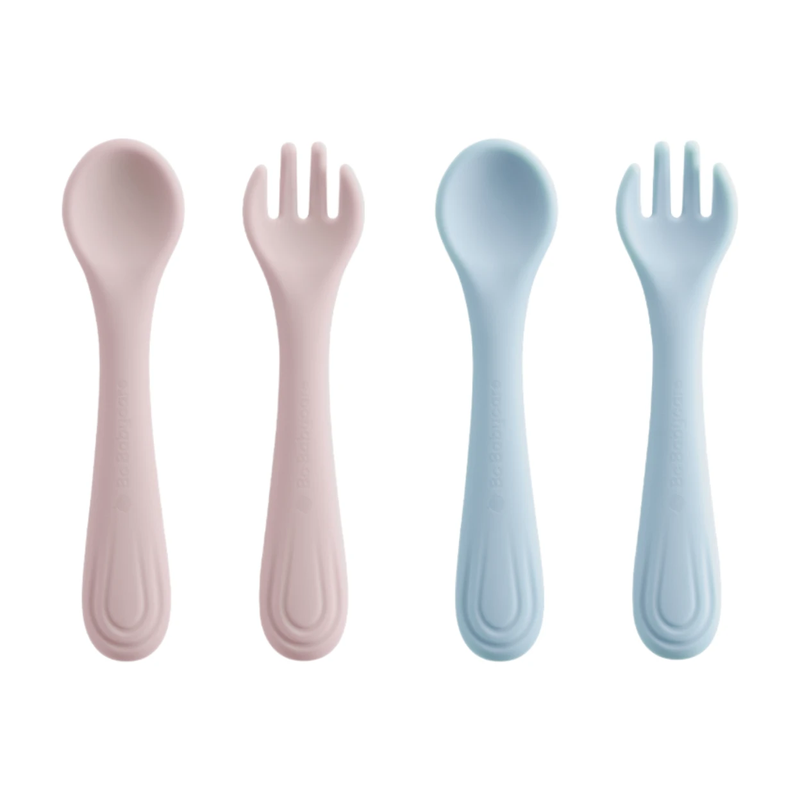 Bc Babycare Silicone Fork and Spoon 4 Pieces, BPA-Free Pink + Blue