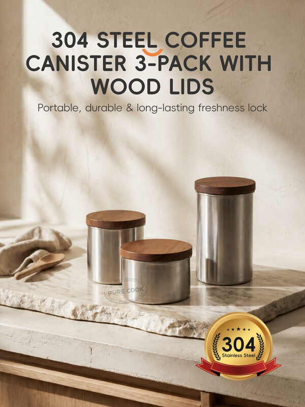 PURE COOK 304 roestvrijstalen luchtdichte koffiepot voorraadpot set met rubbergevoerd houten deksel koffiebonen thee suiker bloem ontbijtgranen keuken voedselcontainer huishoudelijke voorraadkast organisatie 13,52 fl oz 15,22 fl oz 20,29 fl oz 400 ml 450