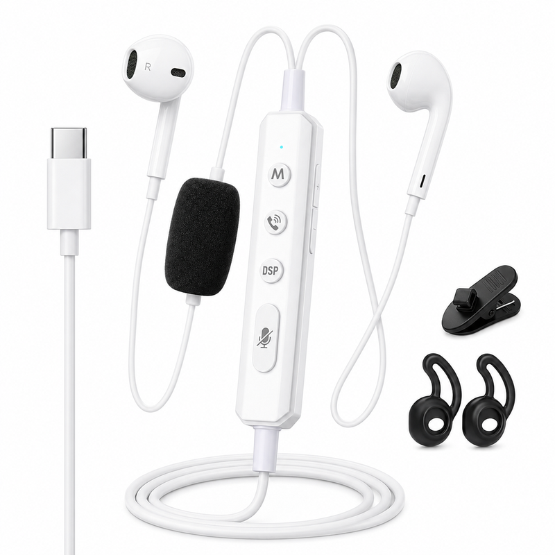 VoxorAI KM08 weiße kabelgebundene Kopfhörer [mit Soundkarte zum Abhören in Echtzeit] Ideal für Liveübertragungen, Karaoke und Aufnahmen. Mit Geräuschunterdrückung, Stimmveränderung und integrierter Bluetooth-Funktion. Kompatibel mit Typ-C-Anschlüssen.