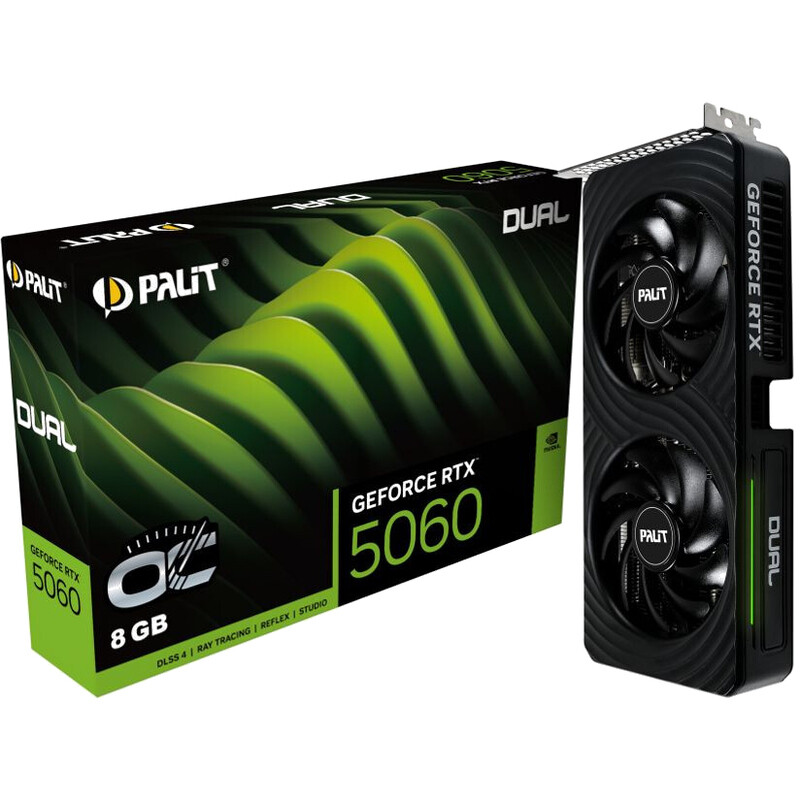 Palit GeForce RTX 5060 Dual OC 8 GB GDDR7 Grafikkarte - NVIDIA Blackwell, 2497 MHz Boost, 28 Gbps, PCIe 5.0, 2-Slot, Schwarz