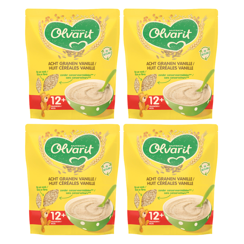 Olvarit Porridge de petit-déjeuner aux huit céréales et vanille 12M+ 200 g * 4