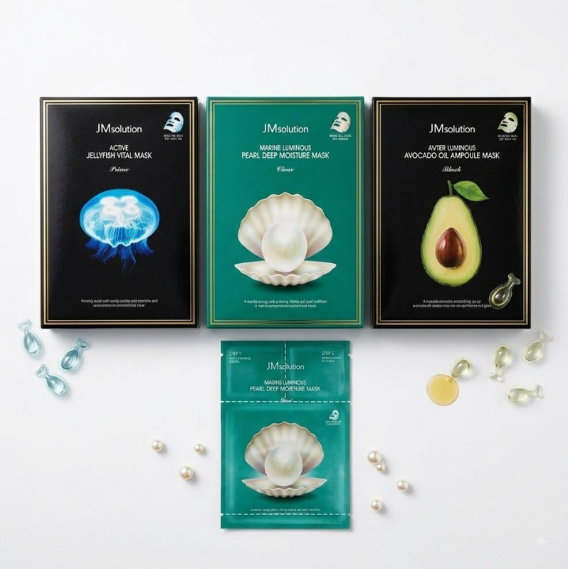 JMsolution Hydration & Glow Tuchmasken-Trio – Avocado, Quallen & Meeresperlen, 30 Masken