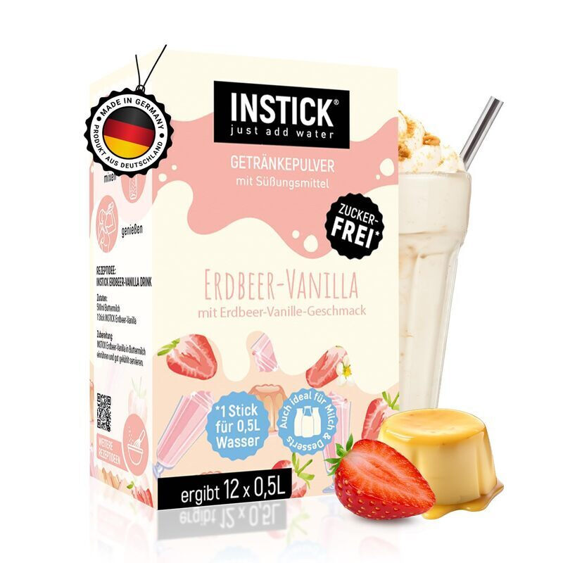 INSTICK Zuckerfreies Instant-Getränk für Milchprodukte (Erdbeer-Vanilla) - 1 Packung für 12 x 0,5 L - Ideal für Milch, Joghurt, Skyr, Quark- Vegan & Kalorienarm