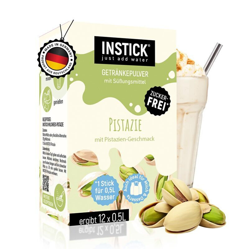 INSTICK Zuckerfreies Instant-Getränk für Milchprodukte (Pistazie) - 1 Packung für 12 x 0,5 L - Ideal für Milch, Joghurt, Skyr, Quark- Vegan & Kalorienarm