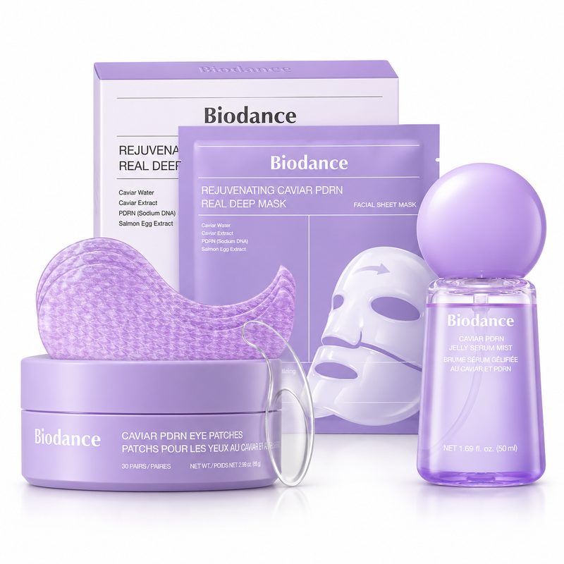 Biodance Caviar PDRN Coffret de soins revitalisant 3 pièces – Patchs pour les yeux 30 paires + Masque Real Deep 4 pièces + Brume de sérum en gelée 50 ml