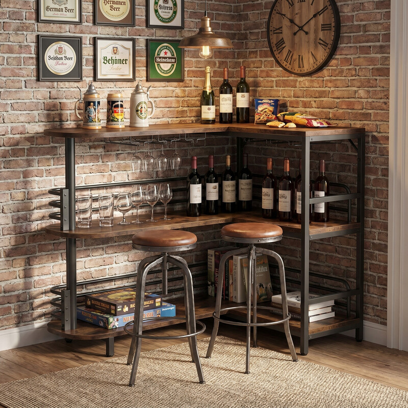L-förmiger Bartisch, 3-stufiger Bistro-Tisch mit Regal, Weinregal und Glashalter, industrieller Eck-Küchentisch für Wohnzimmer, Küche, im Industrie-Design, Rustikal Braun