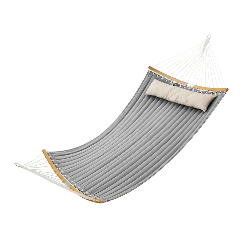 JOYFURNOS Double Hammock, Quilted Hammock with Separable Bamboo Curved Spreader Bars, Pillow, 200 x 140 cm, Max. Load Capacity 225 kg, Grey and Beige