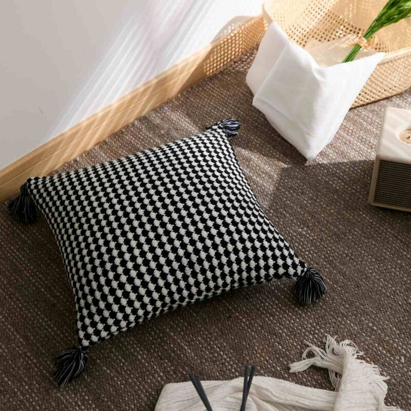 , Acrylic Knit/Waffle Cushion Cover, 50x50cm, black/white, 1pack