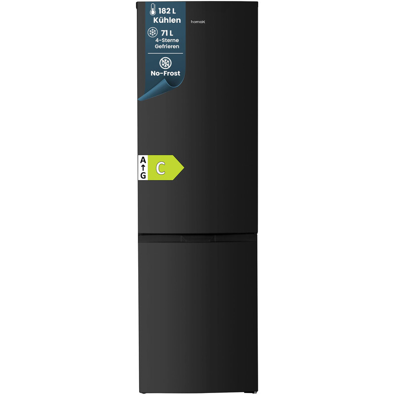 homeX No-Frost-Kühlschrank mit Gefrierfach, Groß - 253 Liter, Super-Frost-Funktion, Leise Kühl-Gefrierkombination, Energieklasse C, Schwarz, CFSN2531C-B
