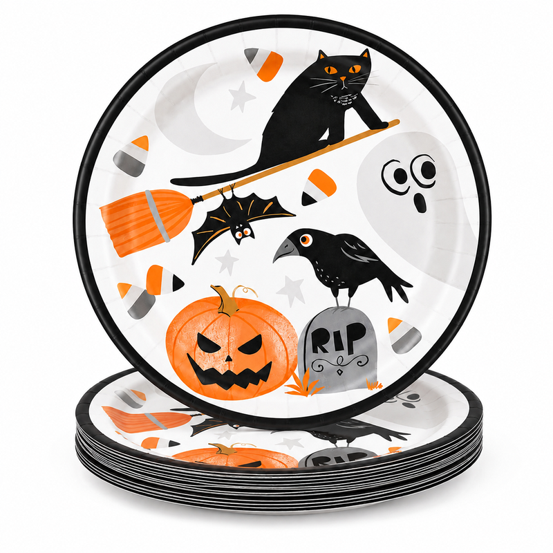 23cm Bats and Boos Halloween Round Dinner Plates, Pack of 8