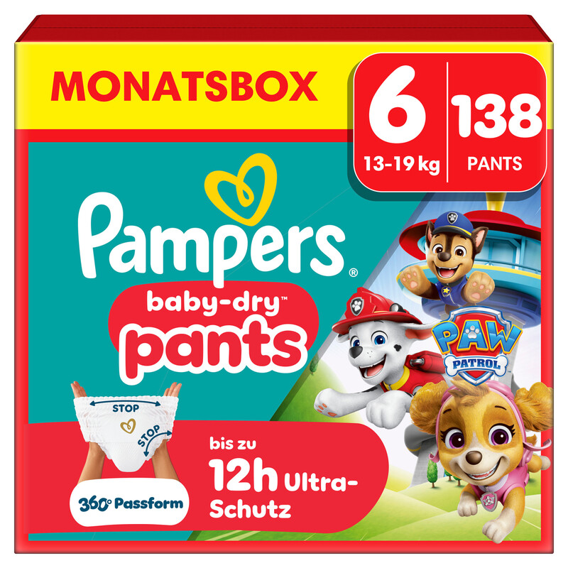 Pampers Baby-Dry Pants Paw Patrol Edition Größe 6, 138 Windeln, 13kg-19kg, 360° Passform mit Stop & Schutz System