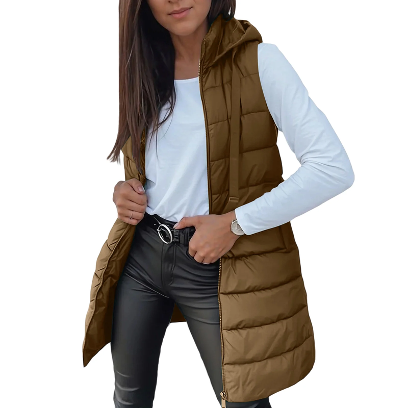 Women's White Long Vest Solid Color Sleeveless Hood Winter Puffer Vest Outwear (Khaki, M)