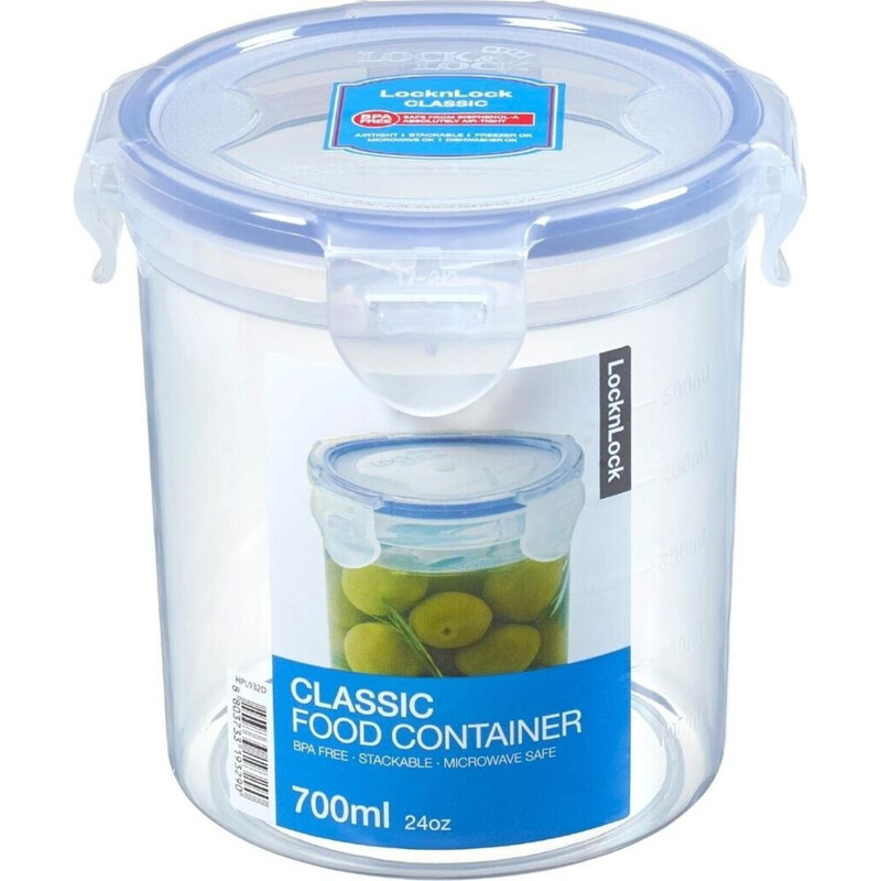 LocknLock Runder Frischhaltedose, 700 ml, Transparenter Behälter/Transparenter Deckel/Blauer Verschluss, PP-Kunststoff/Silikonverschluss/4-fach-Schließmechanismus/Luftdicht & wasserdicht/Stapelbar/BPA-frei/Mikrowellengeeignet (ohne Deckel)/Gefriergeeignet