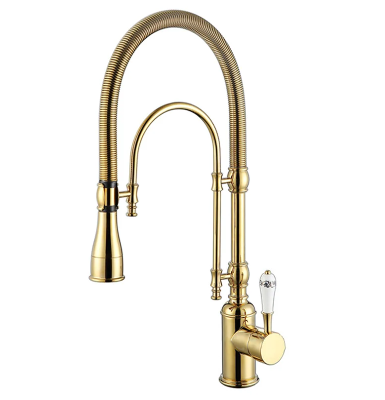 High Arc Dual-Mode Pull-Down Kitchen Faucet Solid Brass with Porcelain Handle