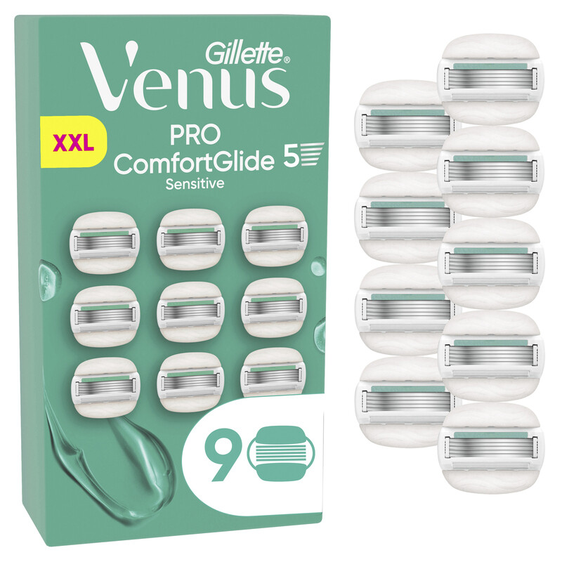 Gillette Venus Pro ComfortGlide Sensitive Damenrasierer mit einem Hauch von Aloe Vera, 9 Ersatzklingen, langlebiges Metallhandstück und Duschhalterung