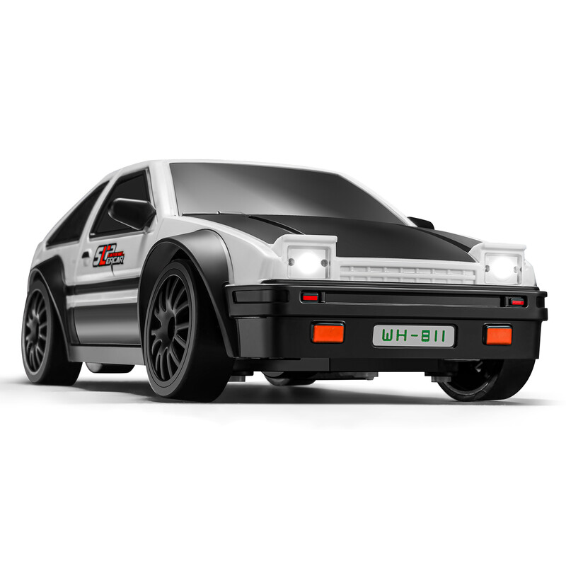 1:24 4WD RC Auto met Gyro Stabilisator, 2,4 G Besturing, LED Verlichting, Verwisselbare Drift- & Racebanden, 7,4 V Oplaadbare Li-Lon Accu, Onafhankelijke Vering, Complete Accessoireset, 1 Stuk Wit