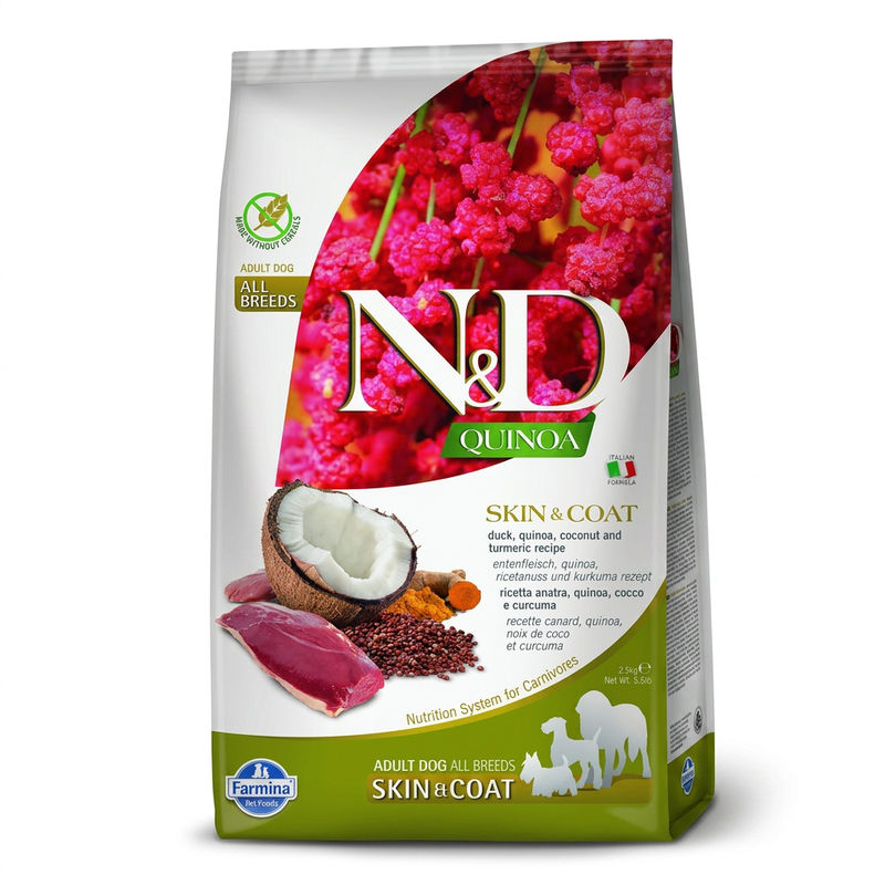 Farmina N&D Quinoa huid- en vachtdieet (eend, quinoa, kokos en kurkuma) hondenvoer voor volwassen honden (mini) 2,5 kg