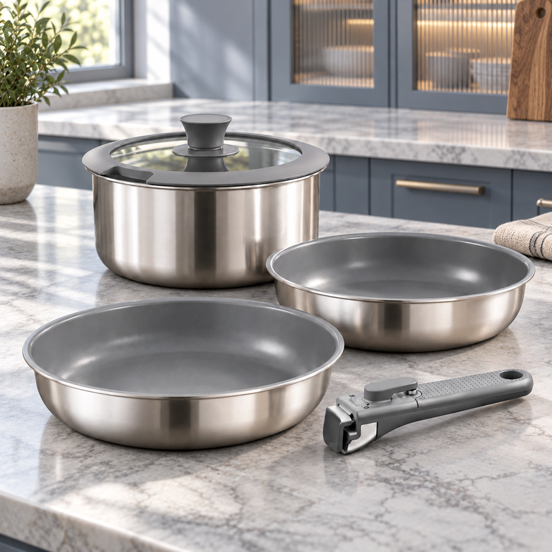 naturepan 5-delige Anti-aanbak Kookgerei Set, Diamant-Titanium Keramische Coating & 3-laags RVS met Afneembare Handgreep, Vaatwasserbestendig, Inductiegeschikt, Ovenbestendig, Grijs