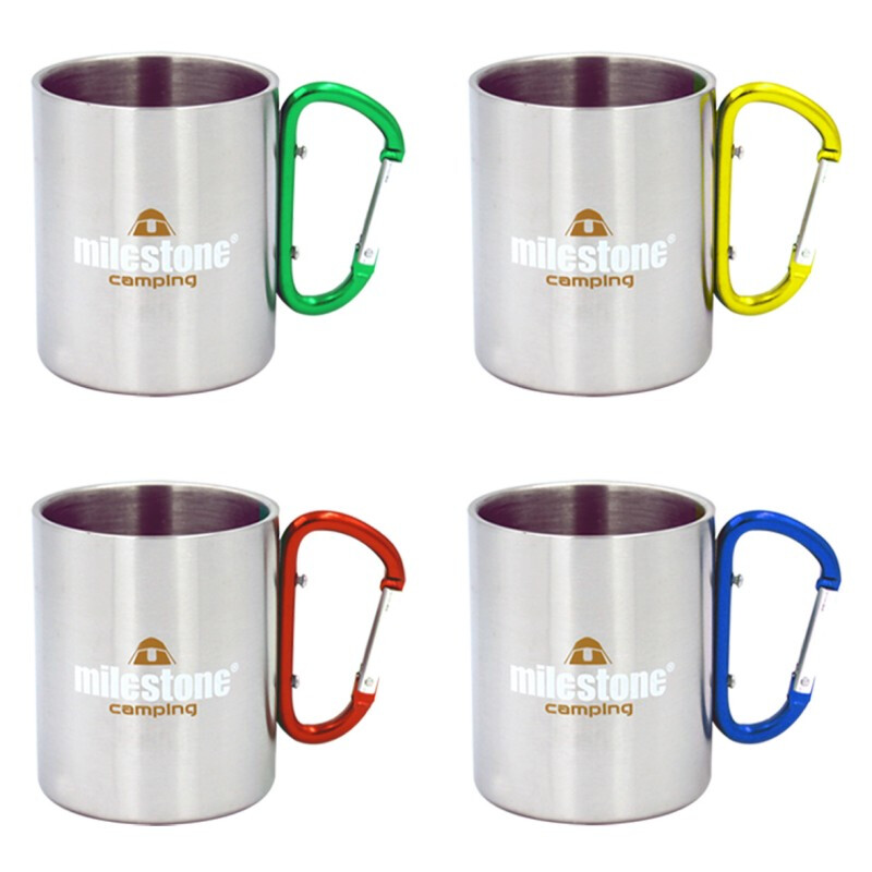Milestone Camping Mug Stainless Steel With Carabiner Assorted Colours 300Ml