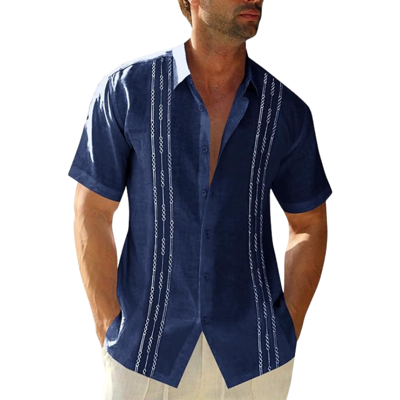 Men's Dark/Blue Short Sleeve Guayabera Shirts Linen Cotton Button Down Mexican Embroidered Cuban Wedding Shirt Summer Beach Tops (, Xl)
