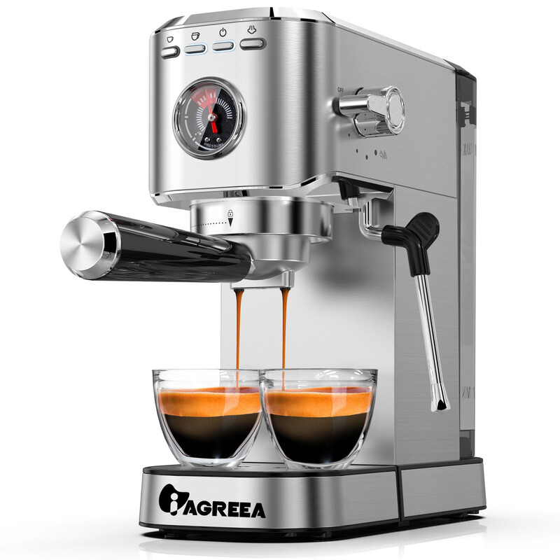 IAGREEA 20 Bar professionelle Espressokaffeemaschine mit Manometer, Dampfdüse & Tassenwärmer, Kaffeezubereiter für einfache/doppelte Portionen, 1,1 l abnehmbarer Wassertank, kompakte Edelstahl-Kaffeemaschine für Latte, Cappuccino & Americano für Zuhause