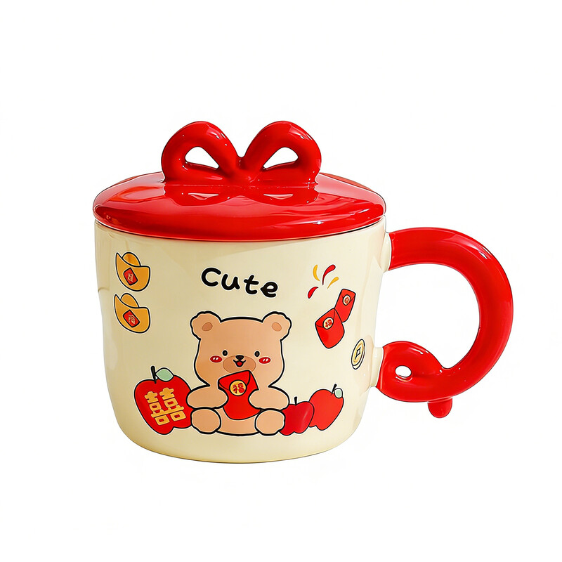 Chinese New Year Mug with Lid ​​400ml White Ceramic Mug with "Love" Print and Red Bow