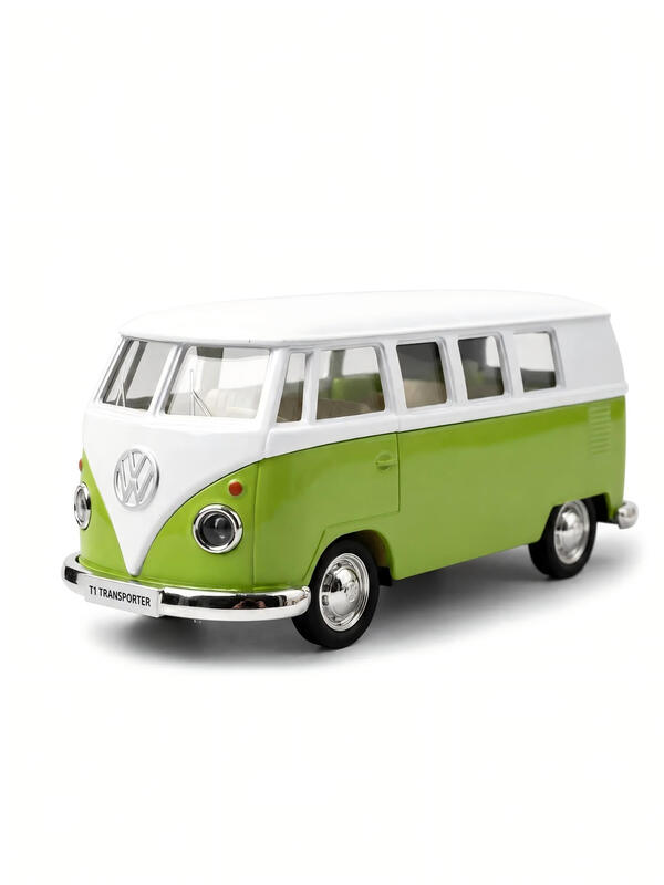 Maßstab 1:36 Volkswagen T1 Langstrecken-Bus – Grün, Öffelbare Türen, Nachzieh-Antrieb, Modellauto aus Druckgussmetall – Kinderspielzeug, Geschenk für Jungen, Sammlerstück zum Ausstellen