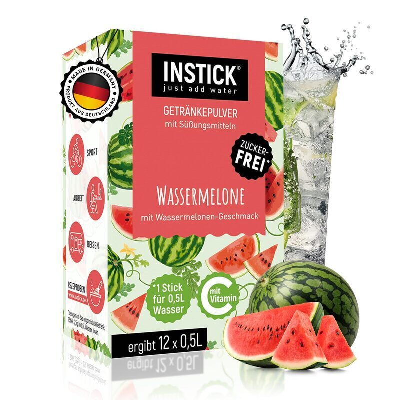 INSTICK Zuckerfreies Instant-Getränk (Wassermelone) - 1 Packung für 12 x 0,5-1 L - Veganes Getränkepulver Kalorienarm & Vitamin C - Instant-Pulver