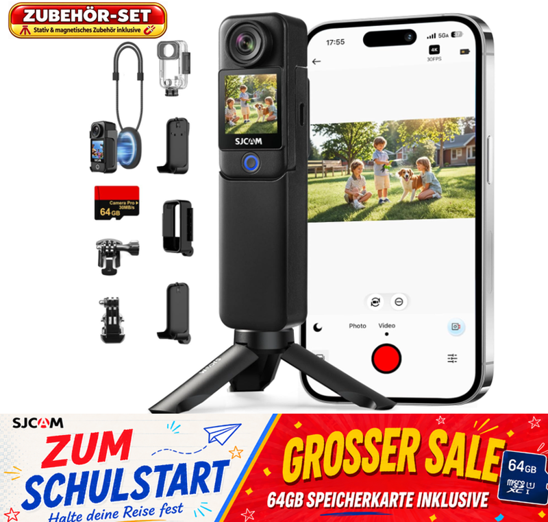 SJCAM C300 Actionkamera 4K, 7 Stunden Akkulaufzeit, 6-Achsen-Stabilisierung, Sportkamera mit dualem Touchscreen, 30 Meter wasserdicht, Vlogging-Kamera mit Zubehör-Set, Schwarz